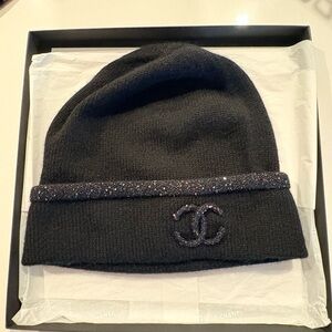 CHANEL Black Knit Hat with Logo